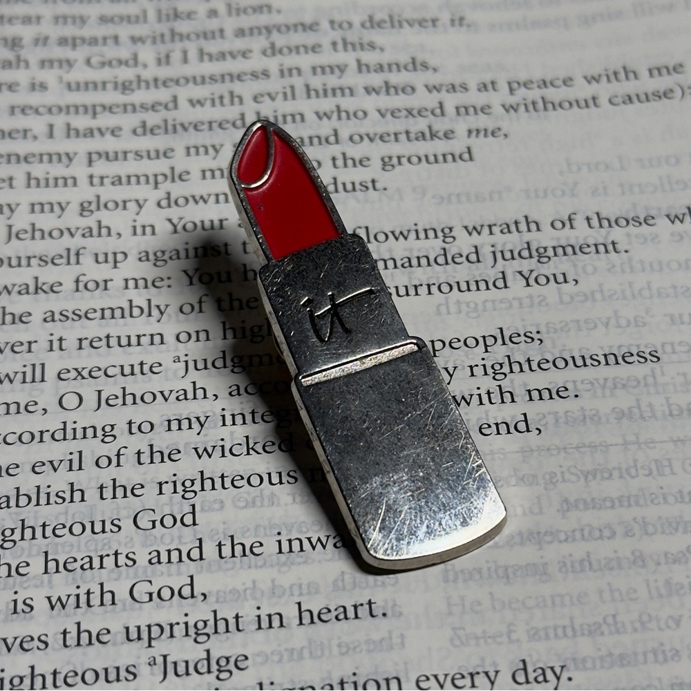 Silver and Red Lipstick Pin Brooch
